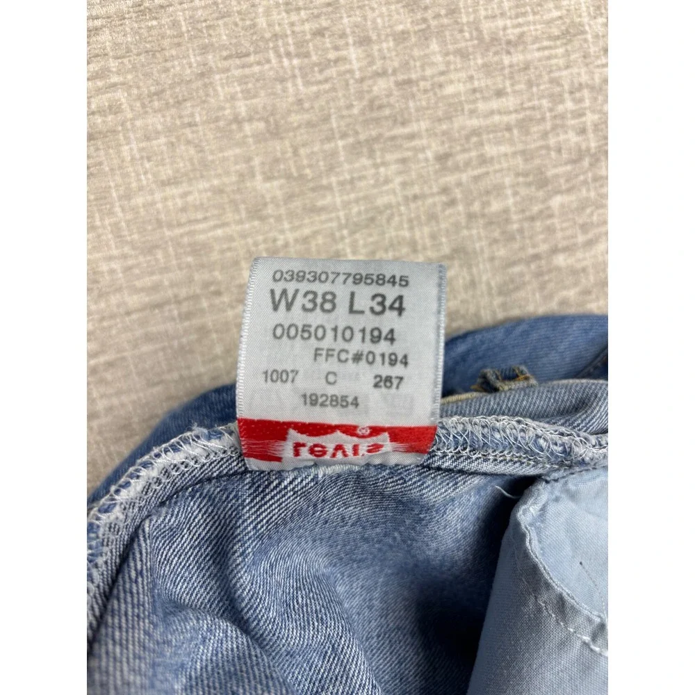Levis 501 Mens 38x34 Jeans Grungy Light Blue Washed Denim Distressed High Fade
